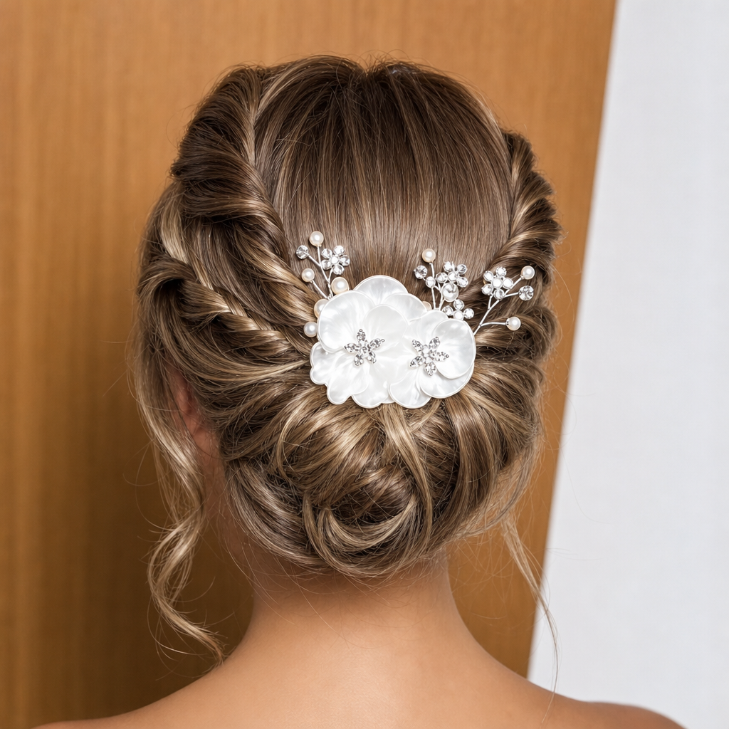 Arranjo Cabelo Noiva Flor Tecido Branco Prata Strass Pérola