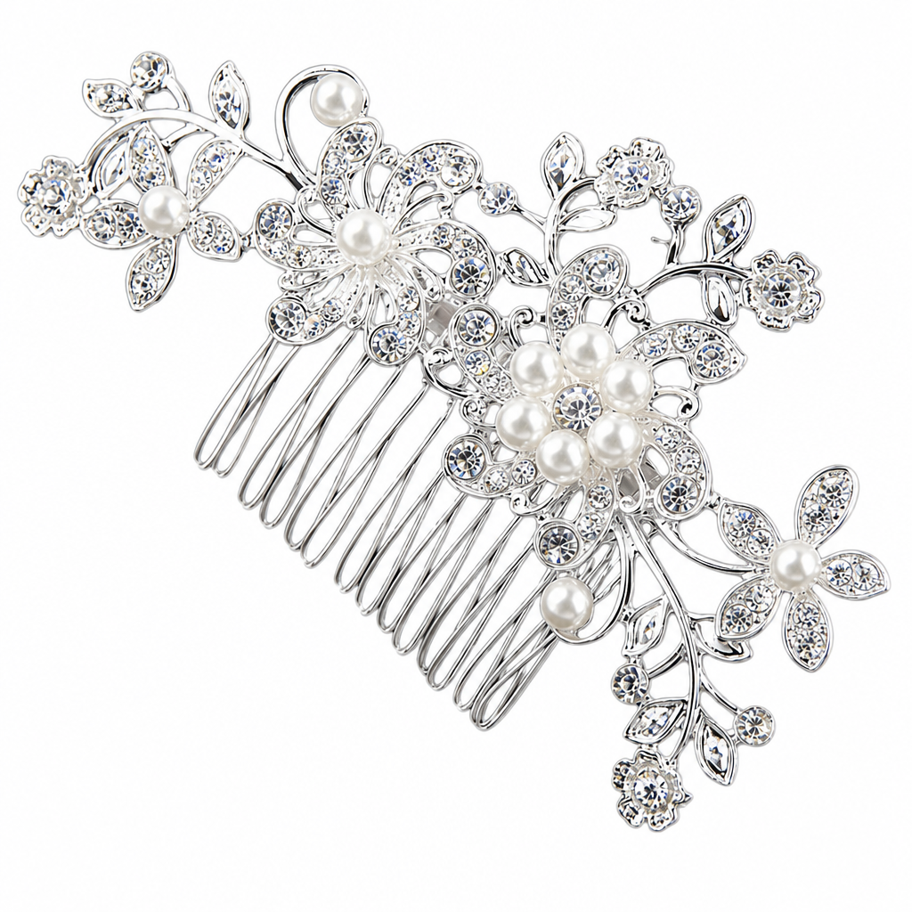 Arranjo Enfeite Cabelo Noiva Prata Strass Perola