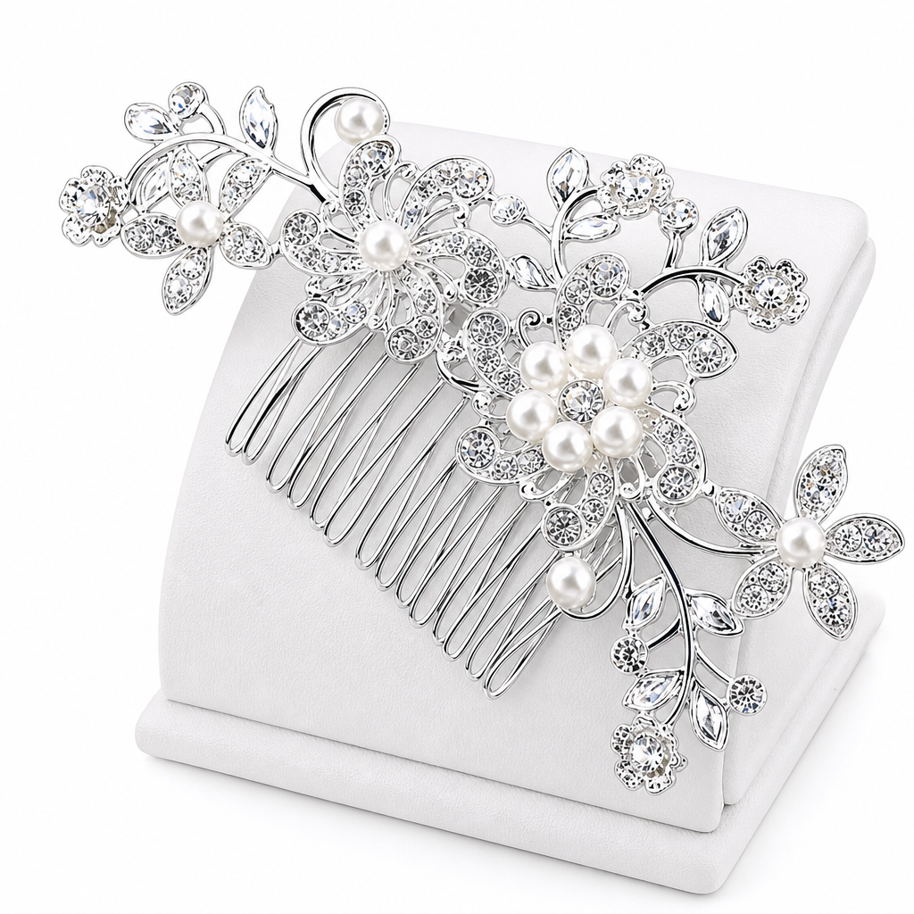 Arranjo Enfeite Cabelo Noiva Prata Strass Perola