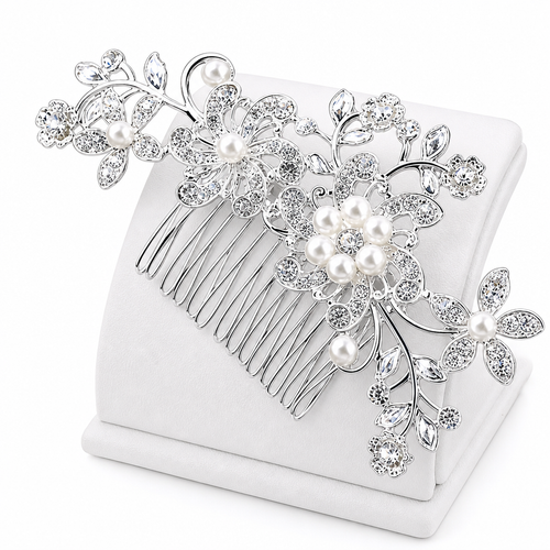 Arranjo Enfeite Cabelo Noiva Prata Strass Perola