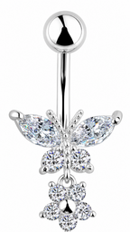 Piercing De Umbigo Prata Pendurado Pedra Borboleta Flor