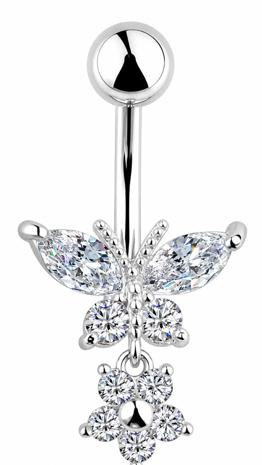 Piercing De Umbigo Prata Pendurado Pedra Borboleta Flor
