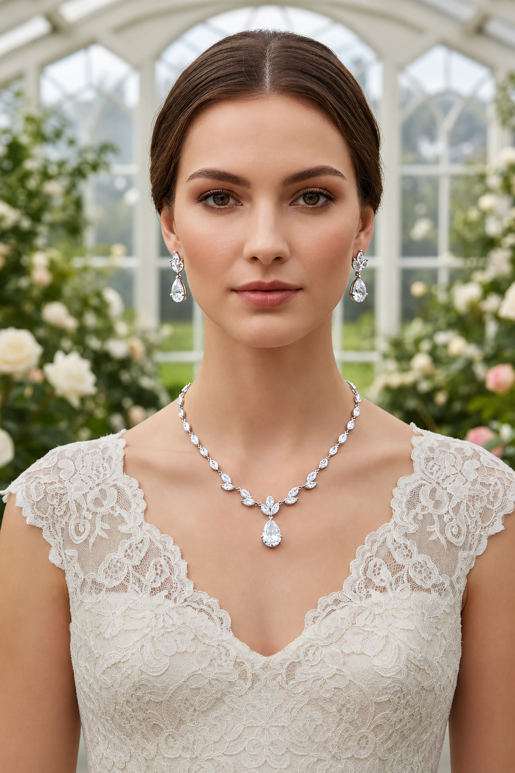 Conjunto Colar Brinco Noiva Pedra Zirconia Prata Gota Festa