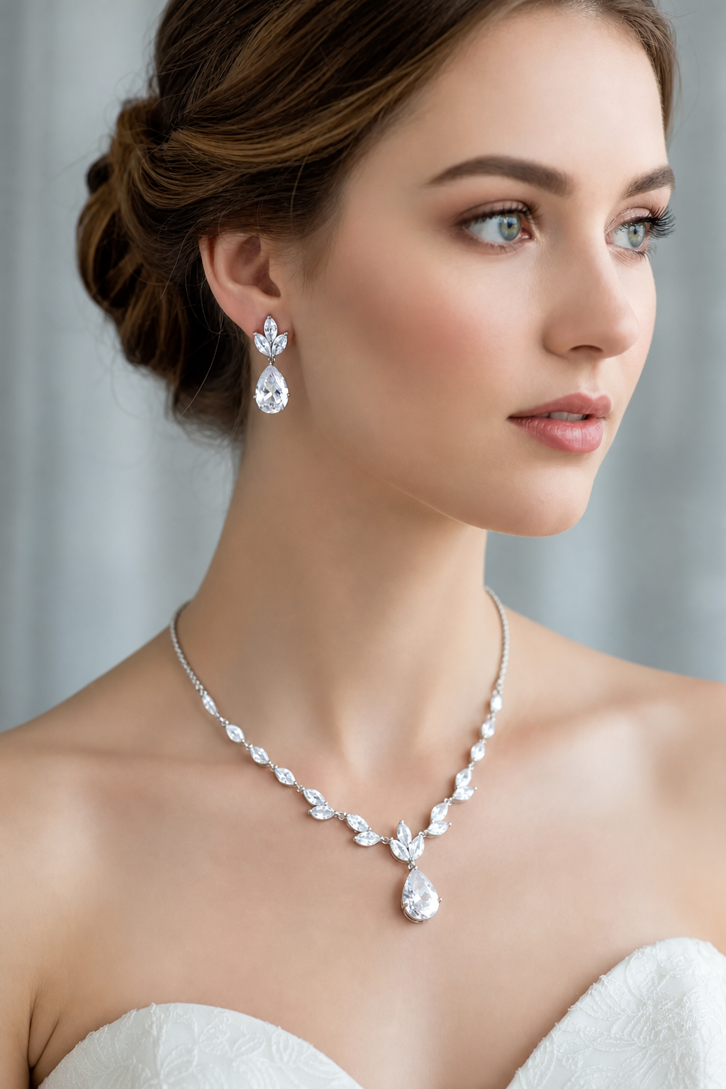 Conjunto Colar Brinco Noiva Pedra Zirconia Prata Gota Festa