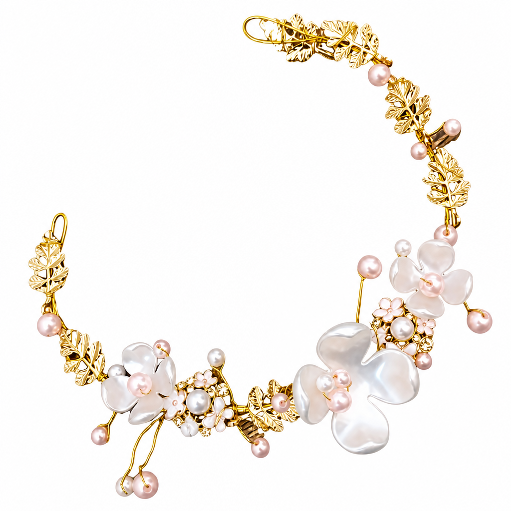 Arranjo Enfeite Cabelo Noiva Dama Dourado Strass Perola Rosa