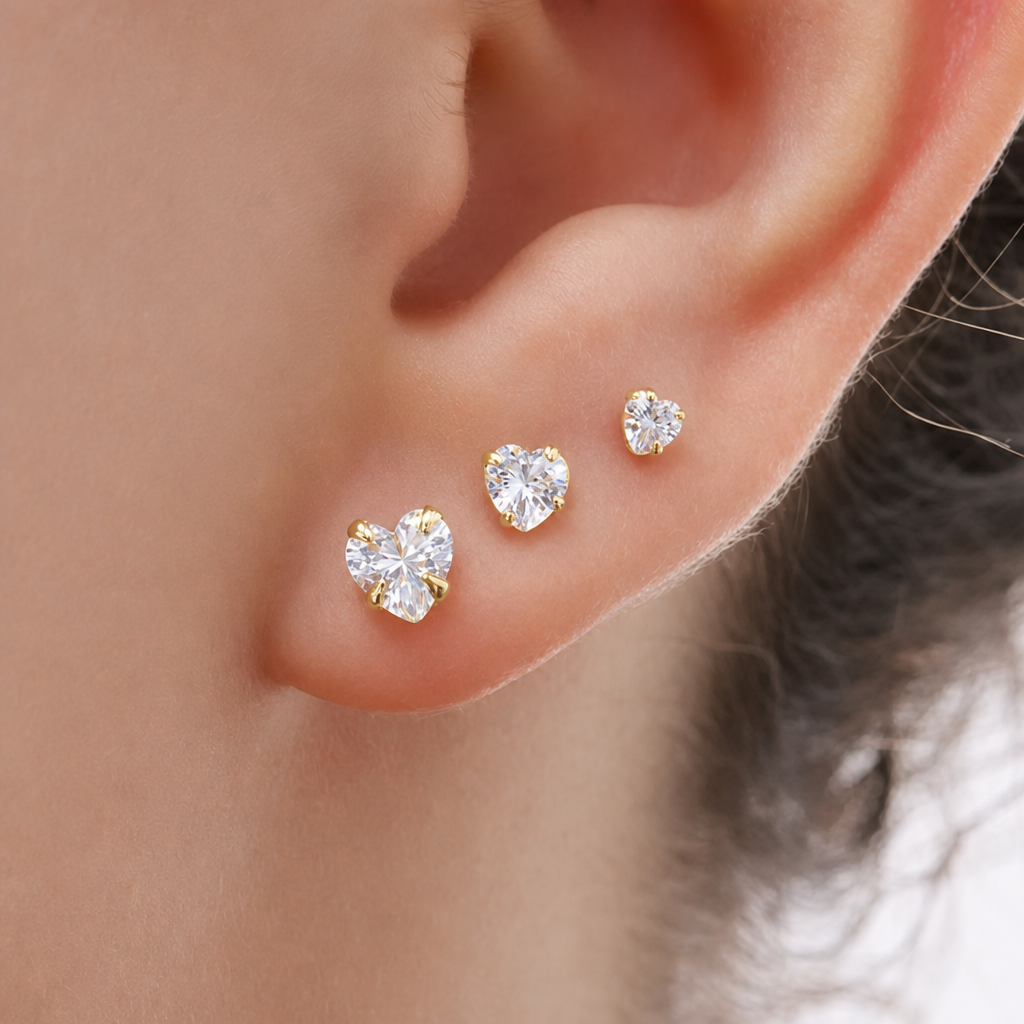 Trio Brinco Pedra Zirconia Coração F Ouro Dourado Folheado