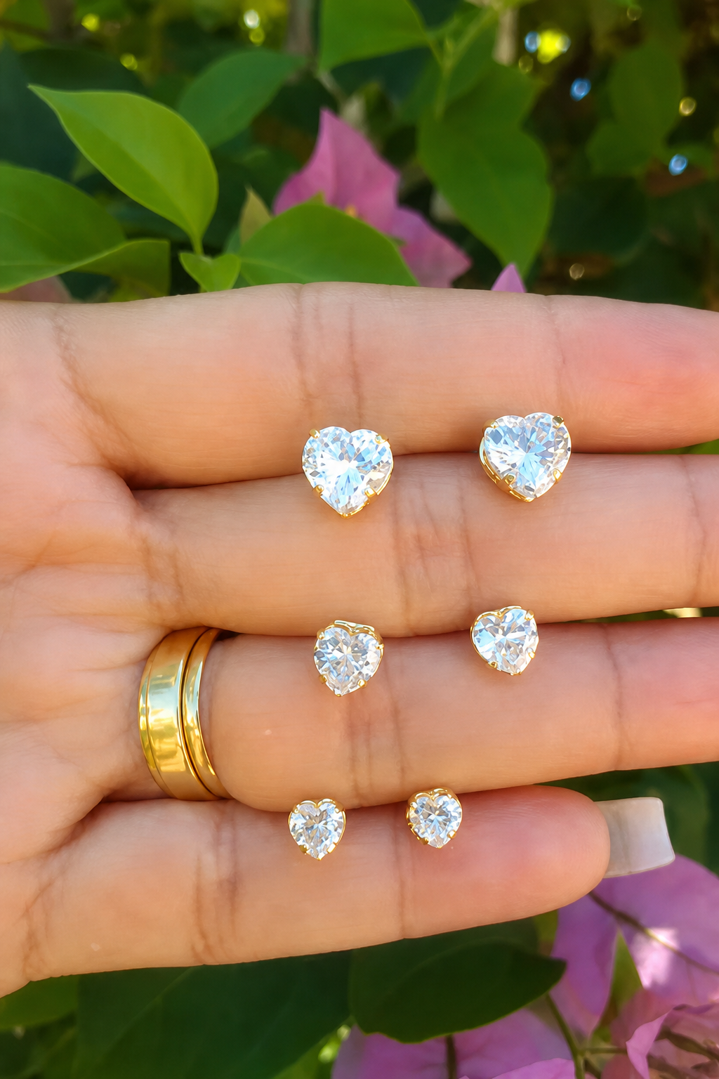 Trio Brinco Pedra Zirconia Coração F Ouro Dourado Folheado