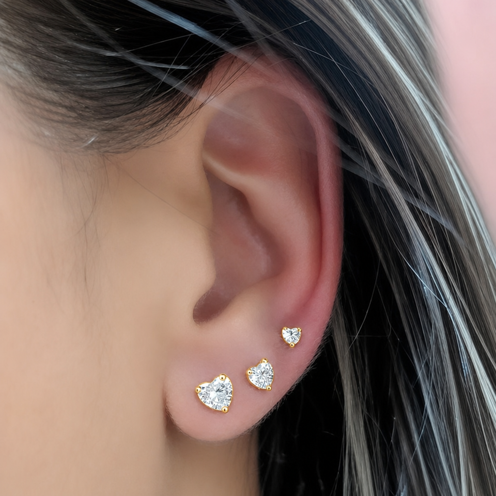 Trio Brinco Pedra Zirconia Coração F Ouro Dourado Folheado