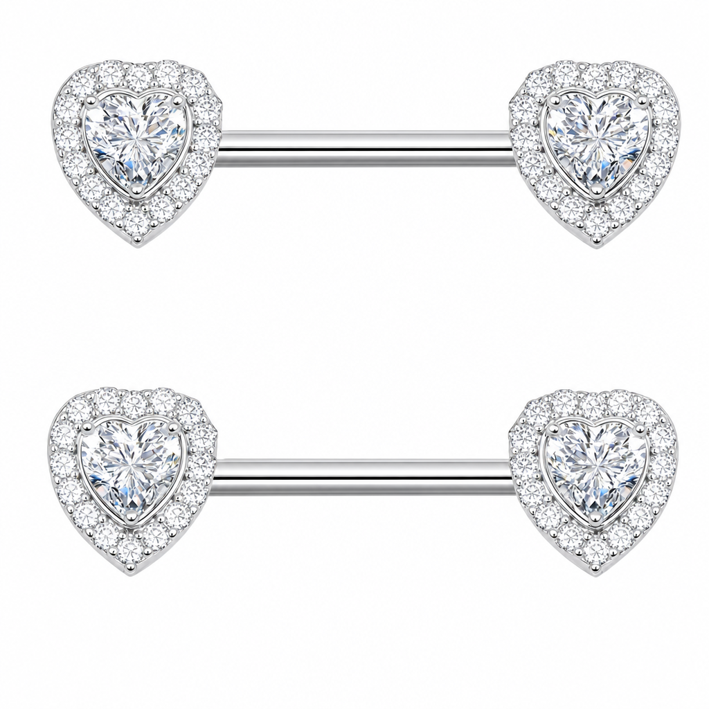 Piercing Para Mamilo Prata Pedra Zirconia Flor Coração Par