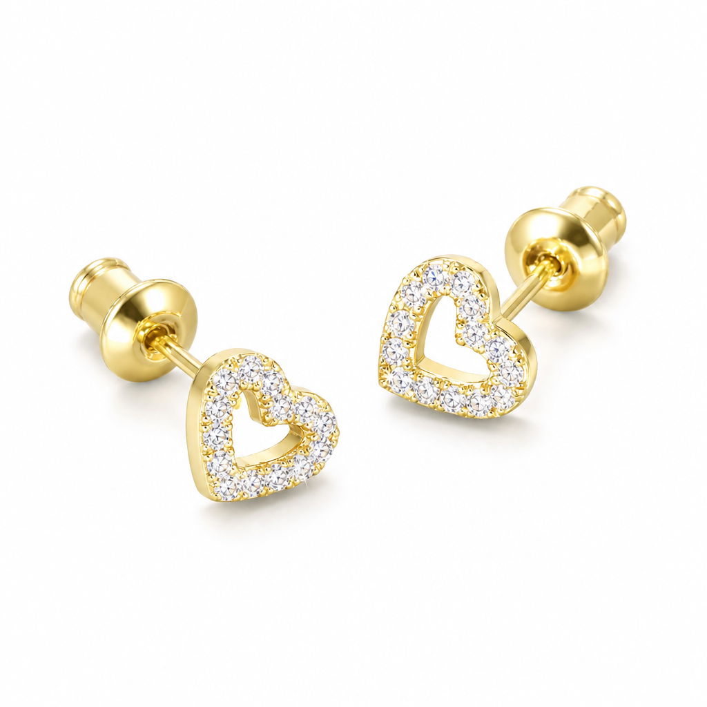 Brinco Infantil Coração Pedra Zirconia Dourado Prata 2 Furo