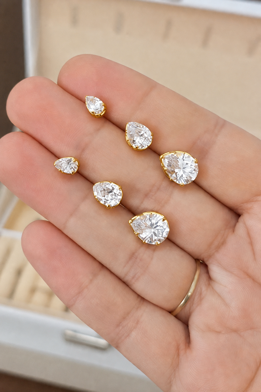 Trio Brinco Pedra Zirconia Gota F Ouro Dourado Folheado - Dourado