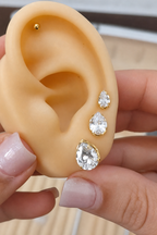 Trio Brinco Pedra Zirconia Gota F Ouro Dourado Folheado - Dourado
