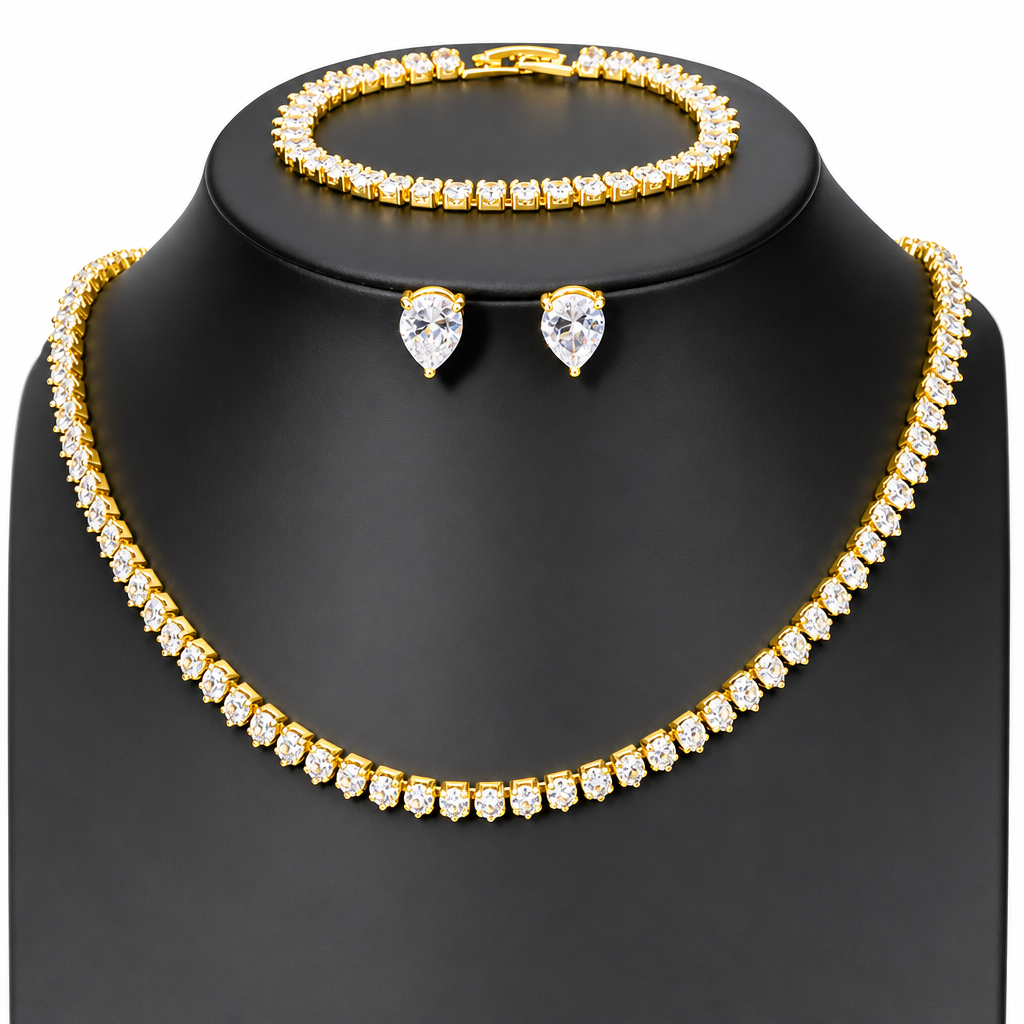 Colar Chocker Riviera Gota Brinco Pulseira Zircônia Dourado