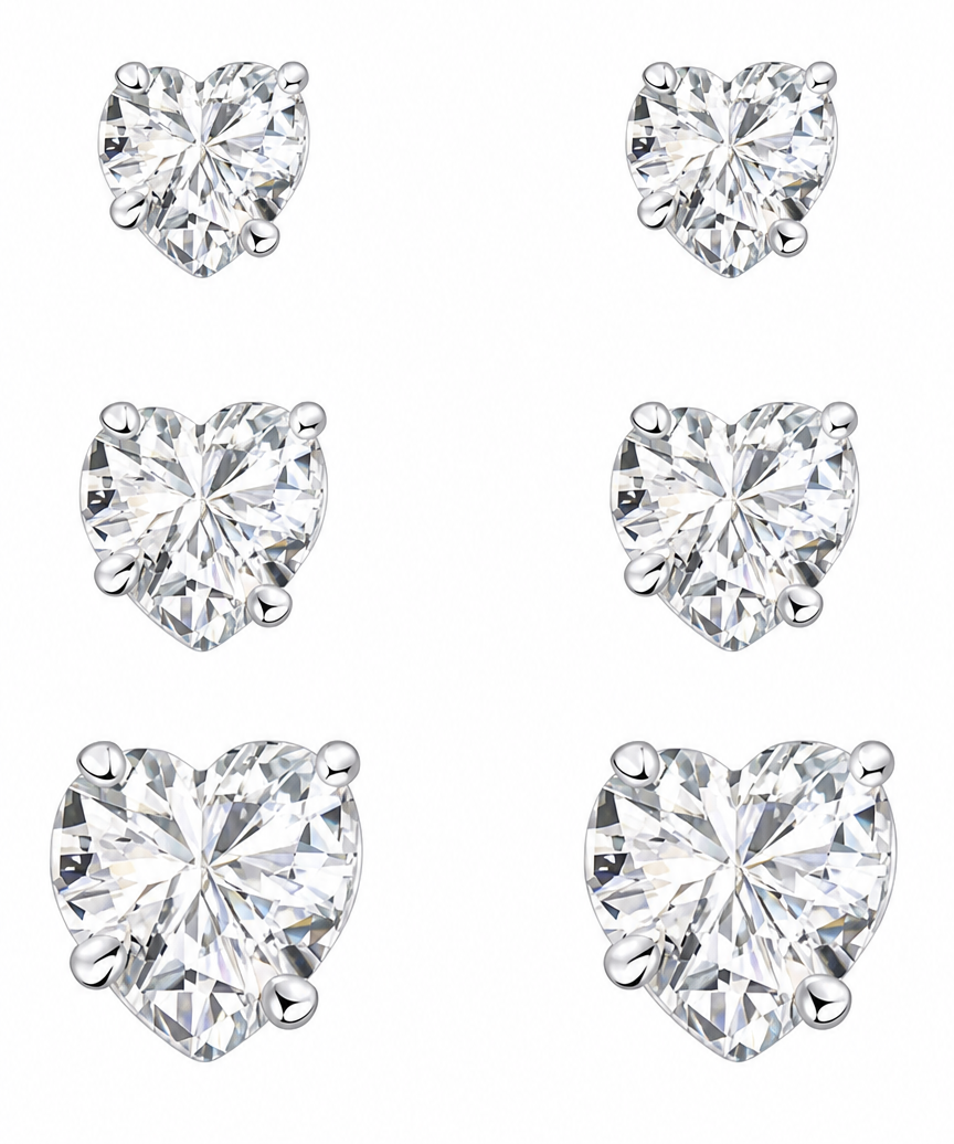 Trio Brinco Pedra Zirconia Coração Prata 925 3 4 5 Mm