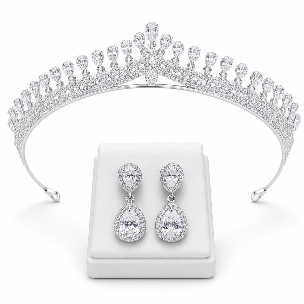 Conjunto Coroa E Brinco Strass E Zirconia Noiva Prata Gota