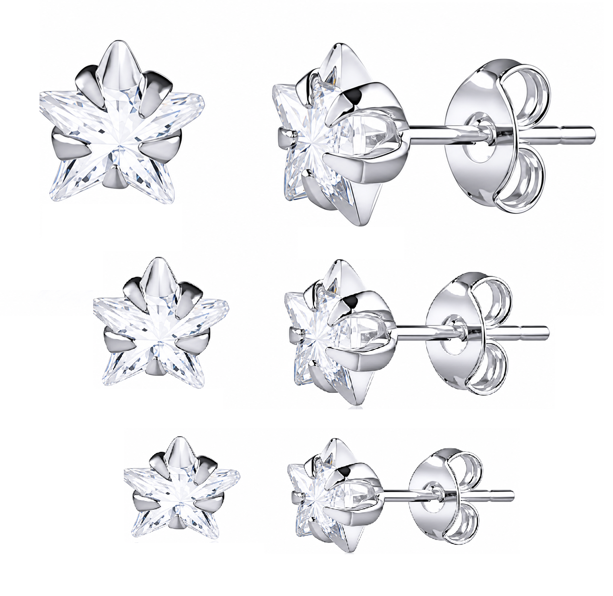 Trio Brinco Pedra Zirconia Estrela Prata 925 3 4 5 Mm