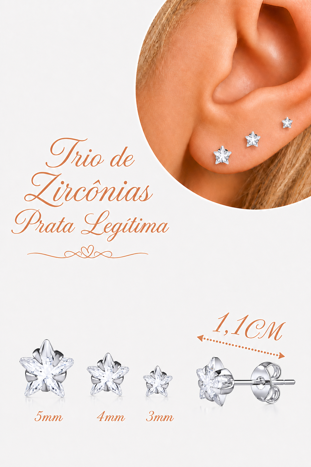 Trio Brinco Pedra Zirconia Estrela Prata 925 3 4 5 Mm