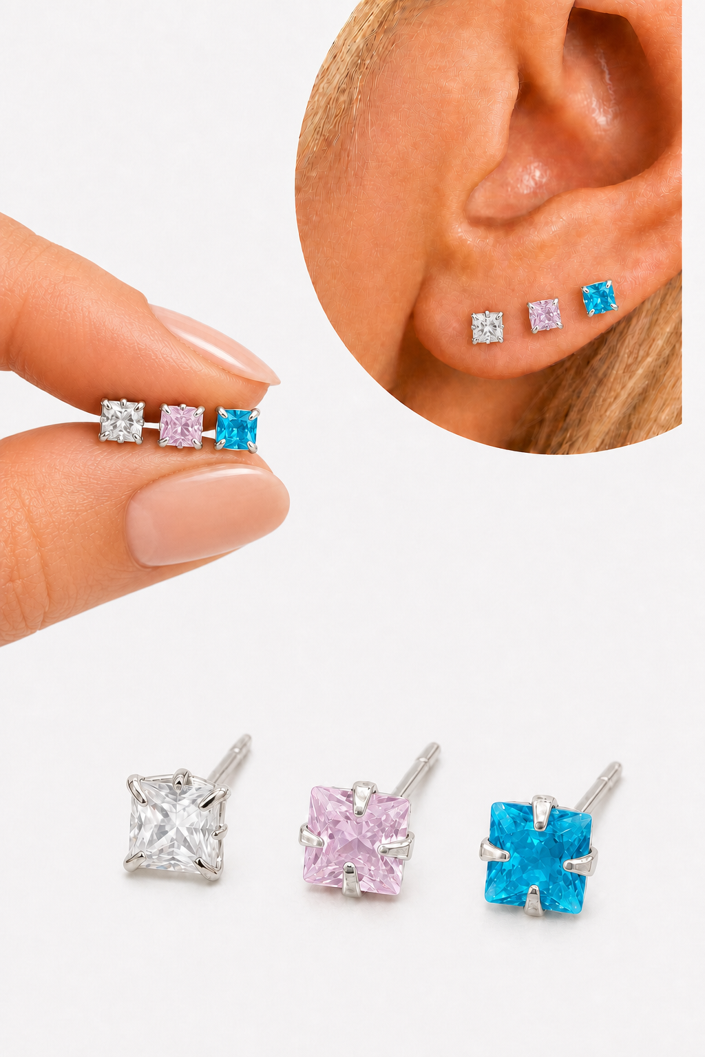 Trio Brinco Pedra Zirconia Ponto De Luz Prata 925 Colorido