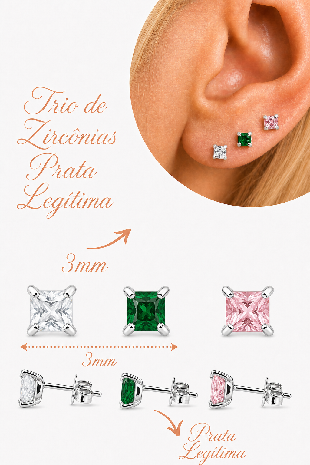 Trio Brinco Pedra Zirconia Ponto De Luz Prata 925 Colorido