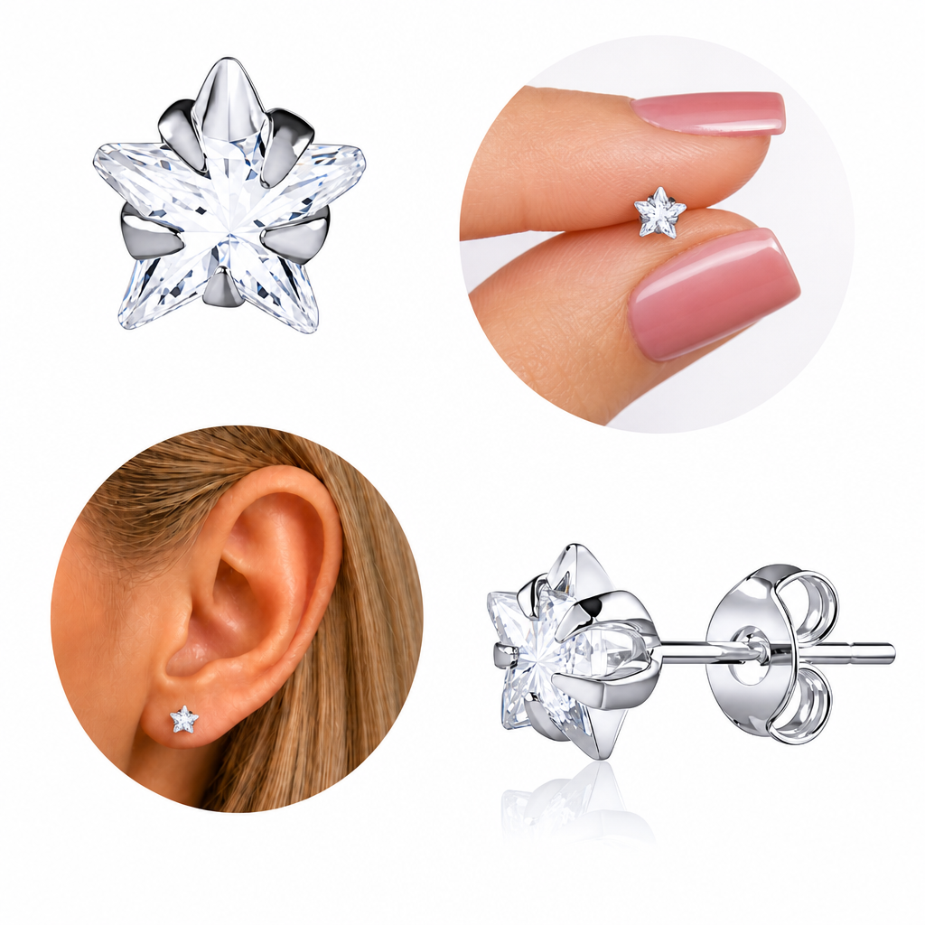 Brinco Pedra Zirconia Estrela Prata 925 Legítima 5 Mm