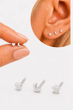 Trio Brinco Lua Estrela Coração 2 3 Furo 4 Mm Prata 925