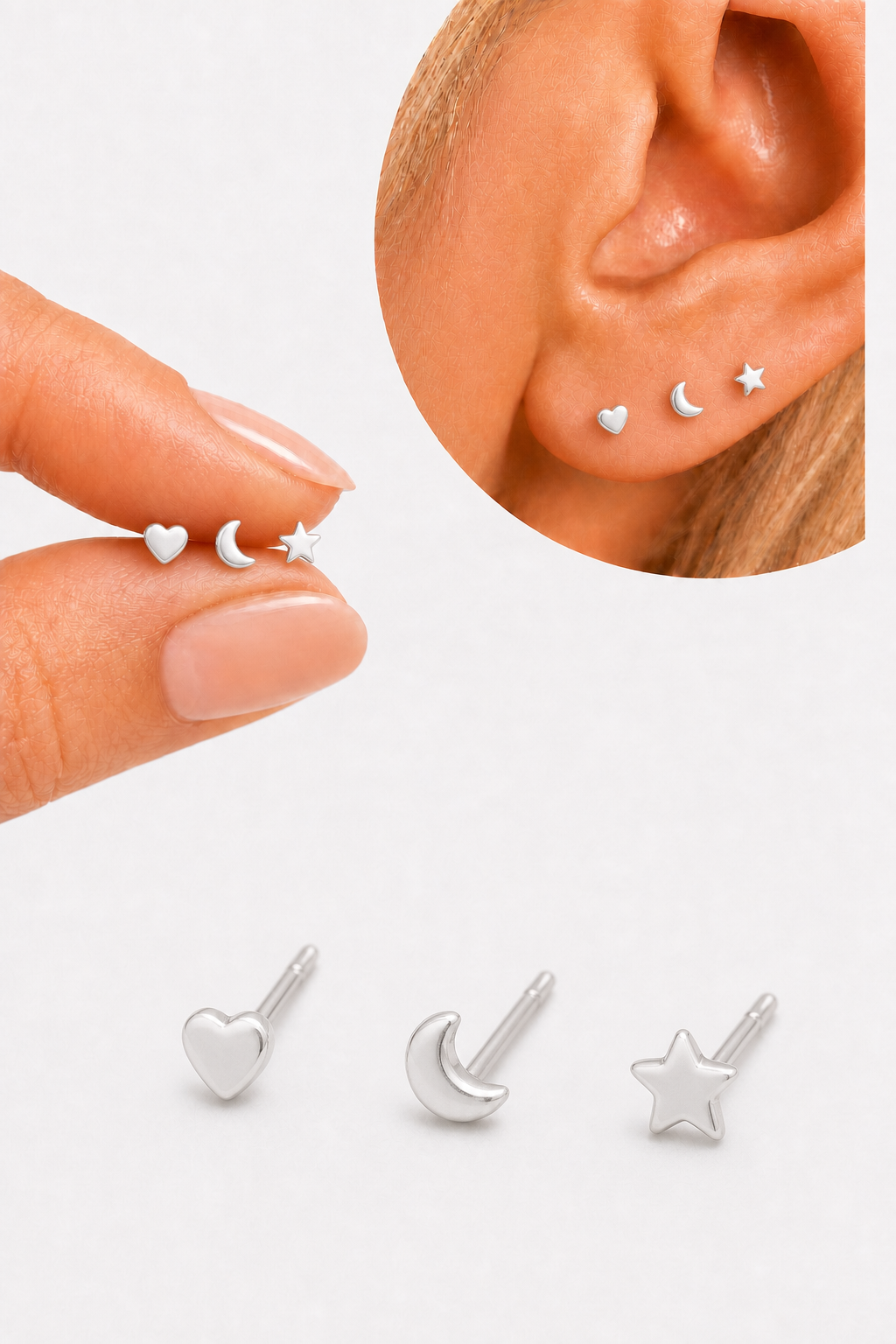 Trio Brinco Lua Estrela Coração 2 3 Furo 4 Mm Prata 925