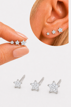 Trio Brinco Pedra Zirconia Estrela Prata 925 3 4 5 Mm
