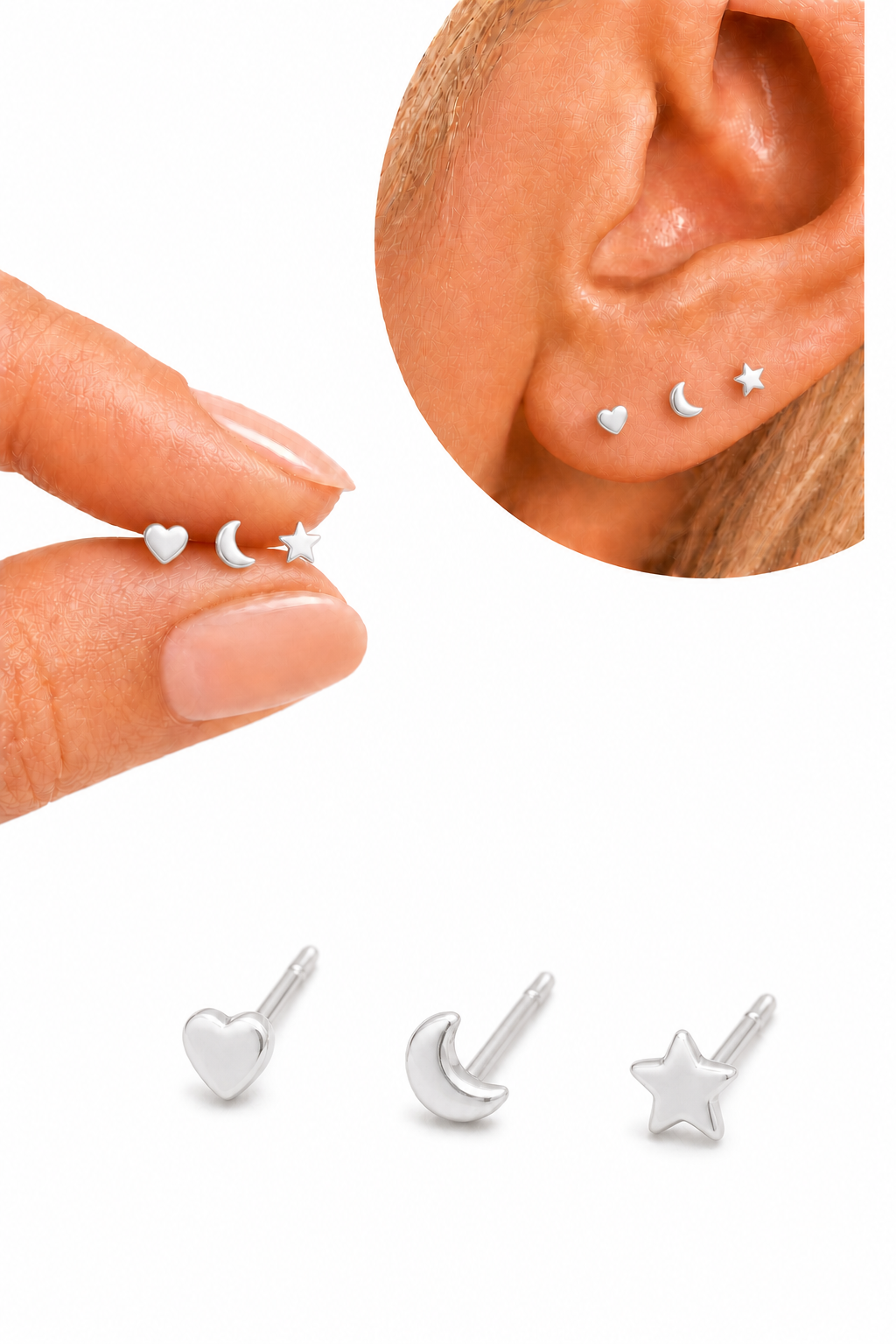 Trio Brinco Lua Estrela Coração 2 3 Furo 4 Mm Prata 925