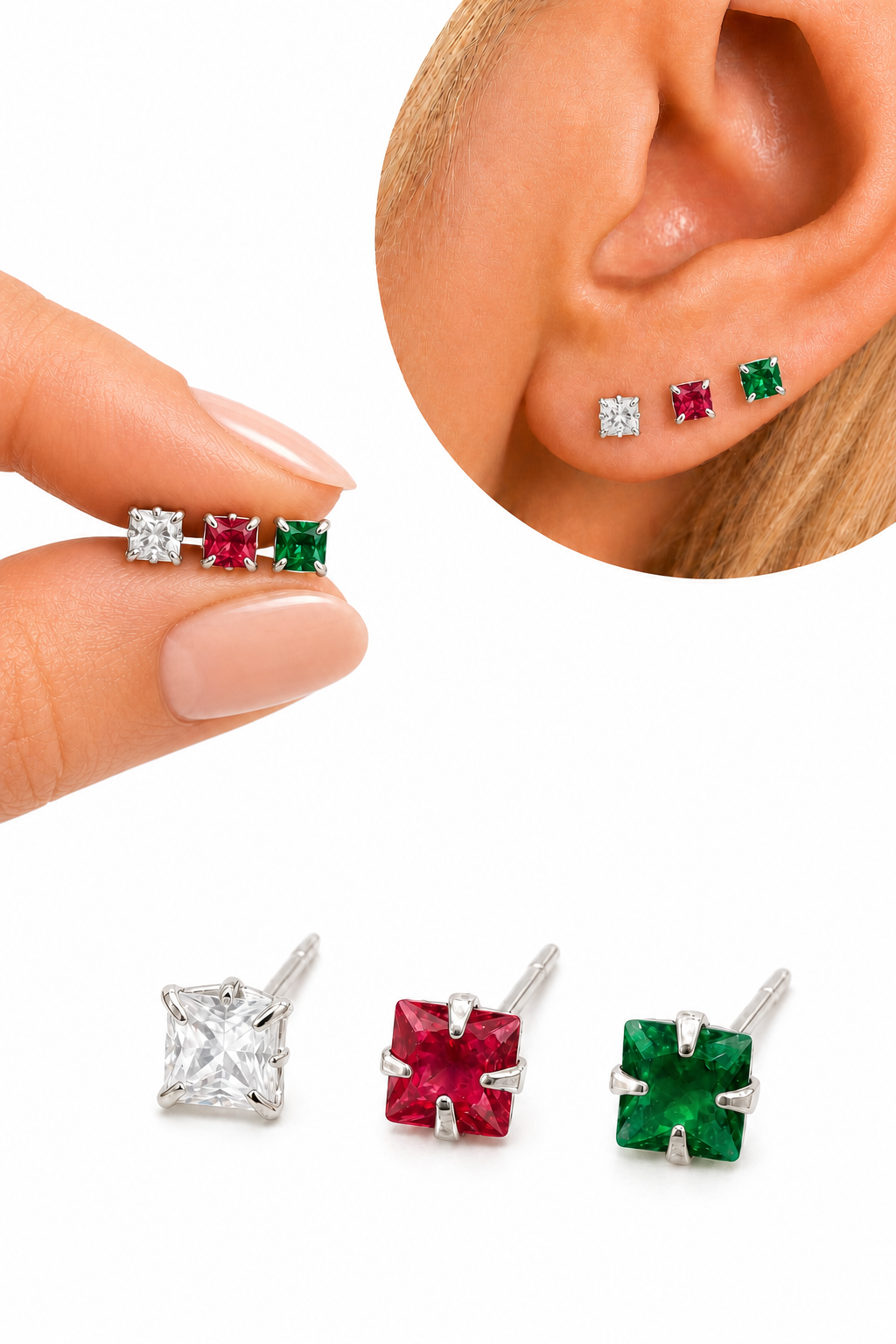 Trio Brinco Pedra Zirconia Ponto De Luz Prata 925 Colorido