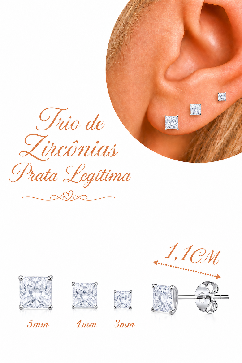 Trio Brinco Pedra Zirconia Quadrado Prata 925 3 4 5 Mm