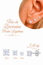 Trio Brinco Pedra Zirconia Quadrado Prata 925 3 4 5 Mm