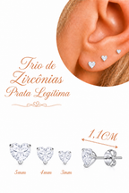 Trio Brinco Pedra Zirconia Coração Prata 925 3 4 5 Mm