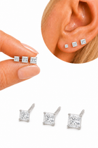 Trio Brinco Pedra Zirconia Quadrado Prata 925 3 4 5 Mm