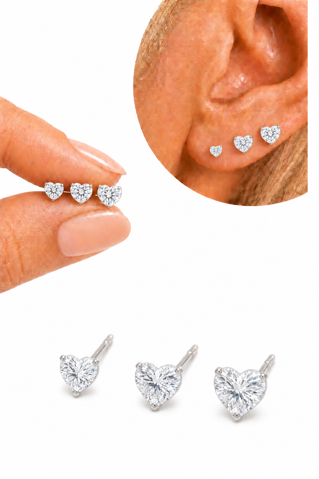 Trio Brinco Pedra Zirconia Coração Prata 925 3 4 5 Mm