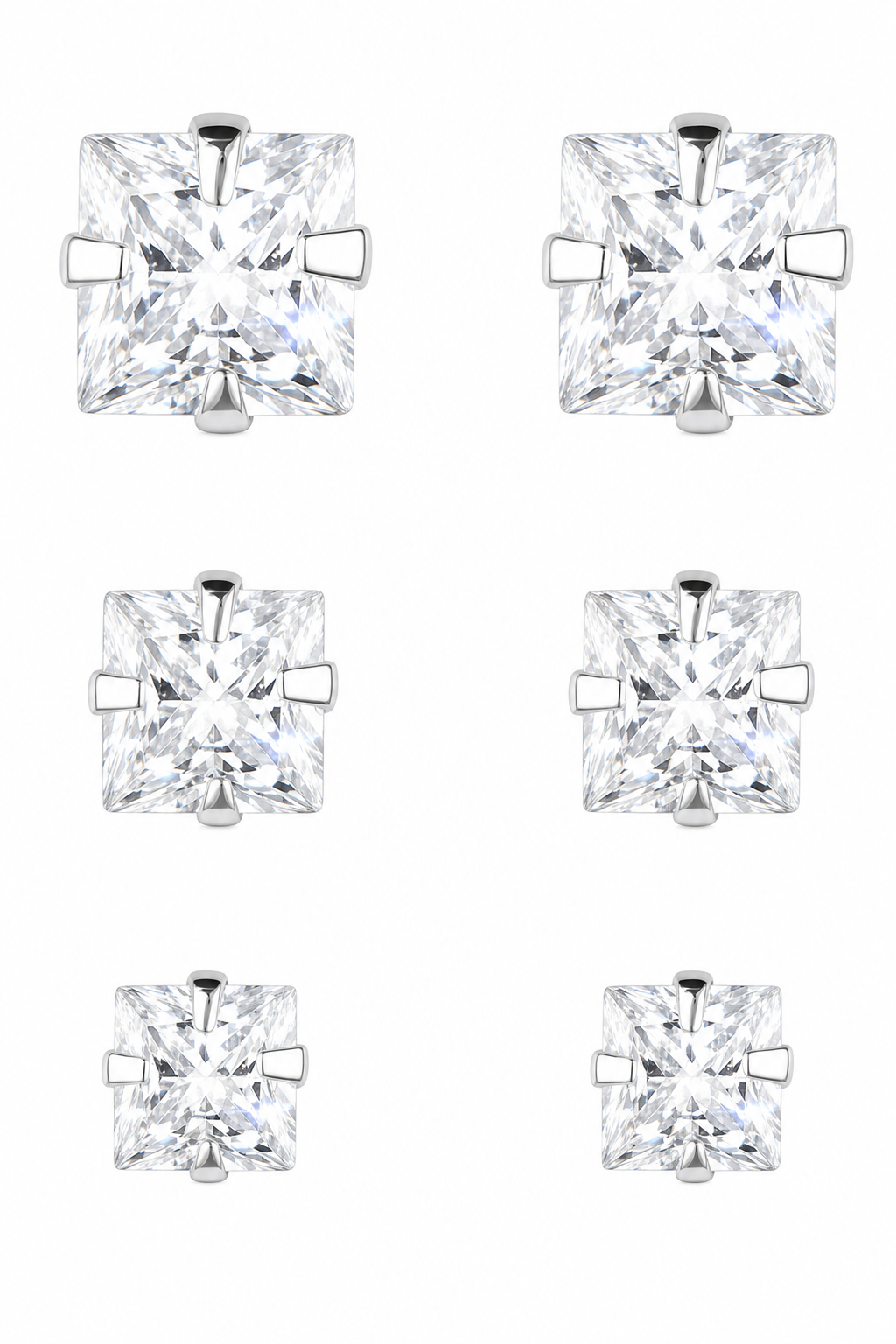 Trio Brinco Pedra Zirconia Quadrado Prata 925 3 4 5 Mm