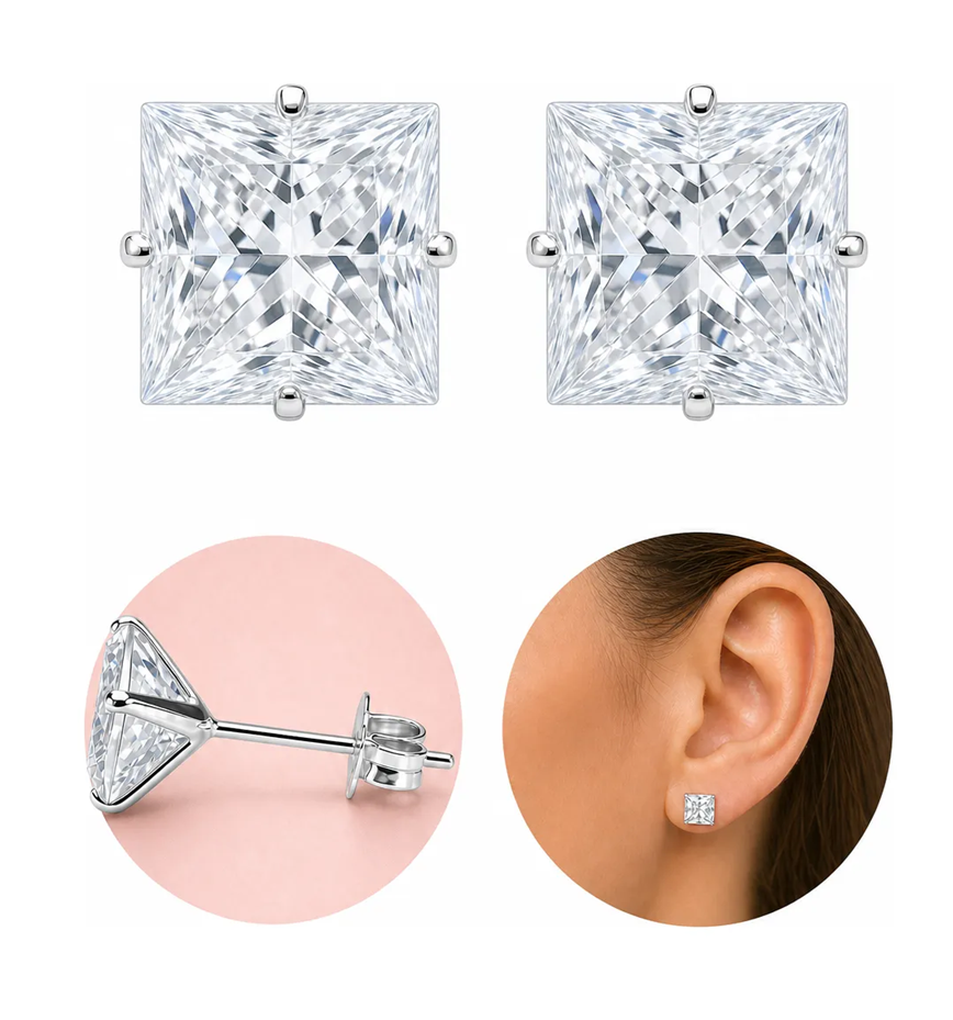Trio Brinco Pedra Zirconia Quadrado Prata 925 3 4 5 Mm