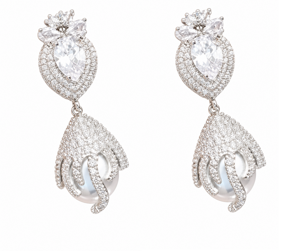 Brinco Noiva Zirconia Pérola Prata Delicado Luxo Grande Gota