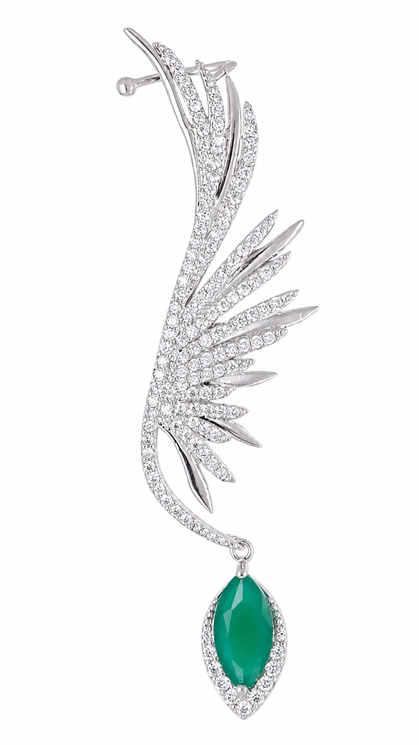 Brinco Ear Cuff Noiva Pedra Zirconia Prata Festa Verde Asas