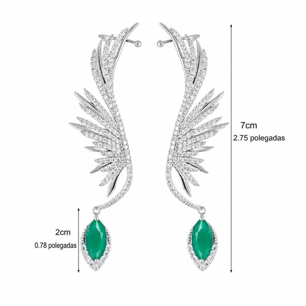 Brinco Ear Cuff Noiva Pedra Zirconia Prata Festa Verde Asas