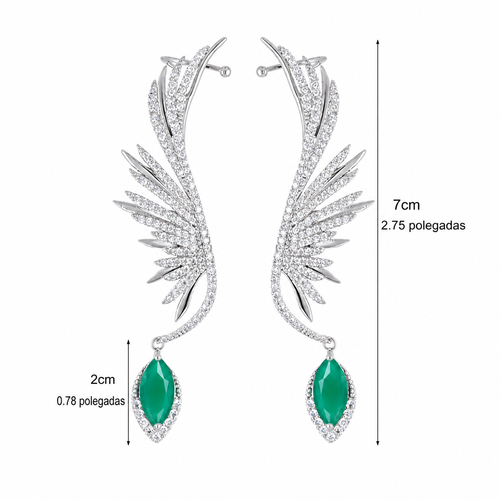 Brinco Ear Cuff Noiva Pedra Zirconia Prata Festa Verde Asas