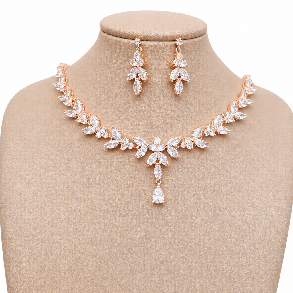 Colar E Brinco Noiva Zircônia Rose Gold Festa Debutante Luxo