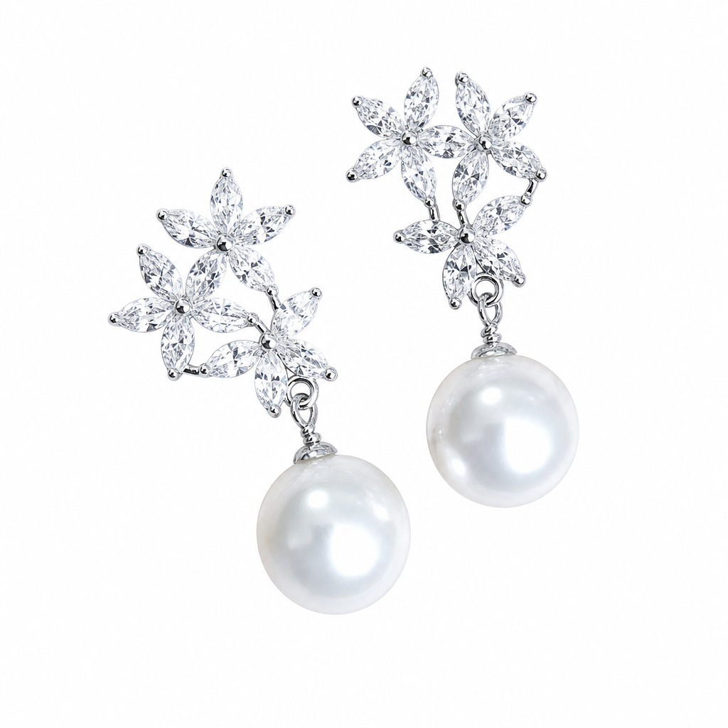 Brinco Noiva Zirconia E Pérola Prata Delicado Luxo