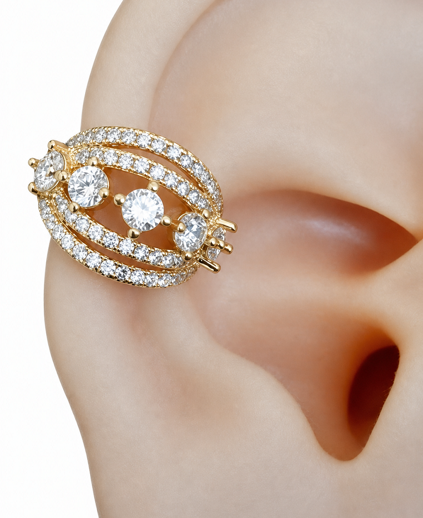 Piercing De Argola Falso Fake Dourado Pedra Zirconia Folhead