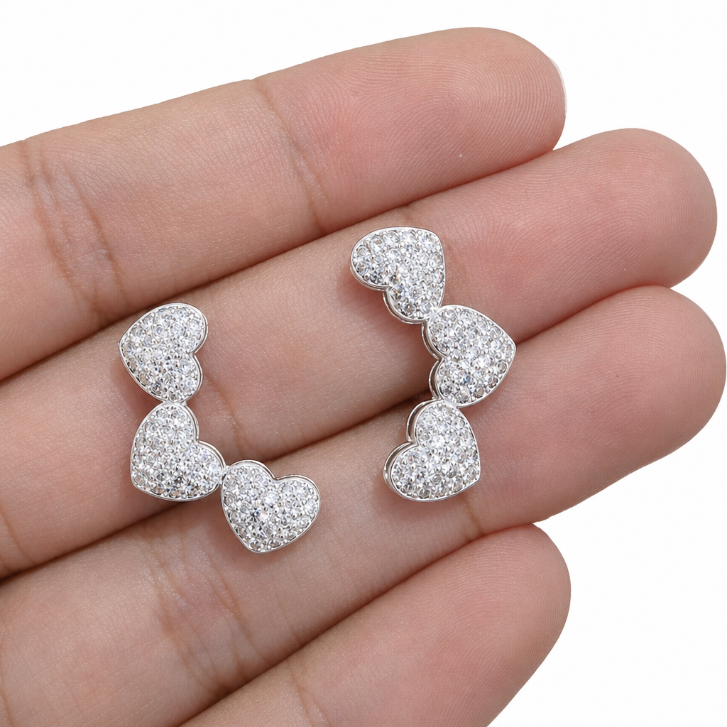 Brinco Ear Cuff Noiva Pedra Zirconia F. Prata Festa Coração