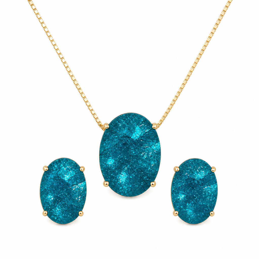 Conjunto Colar E Brinco Zirconia Fusion Tiffan Oval Verde