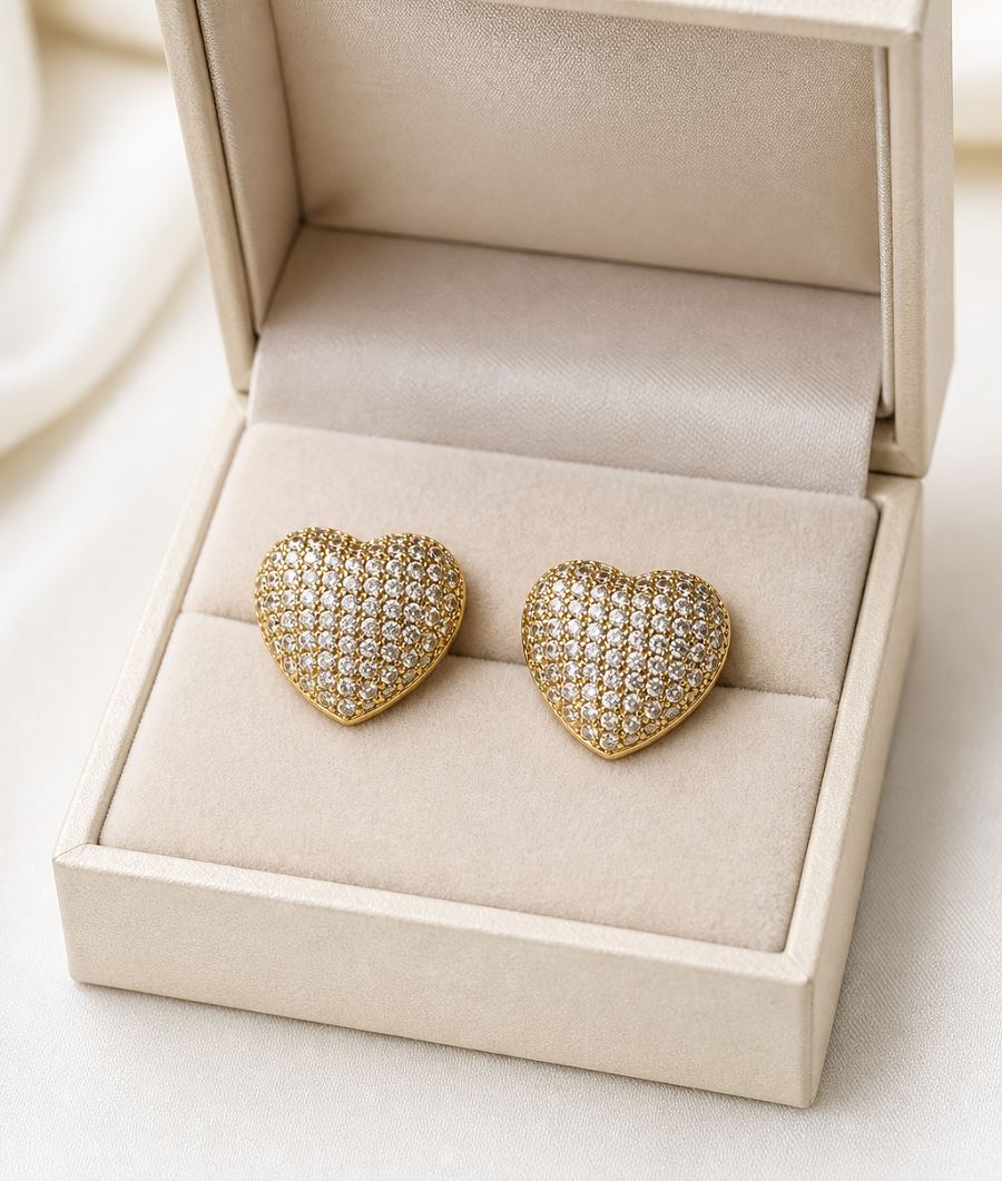 Brinco Pedra Zirconia Coração Dourado F. Ouro 18k Noiva Fest