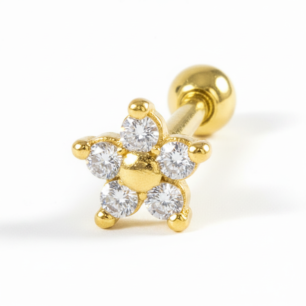 Piercing Orelha Cartilagem Helix Tragus Fl Ouro Mini Flor
