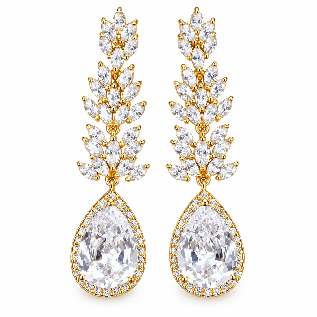 Brinco Noiva Zirconia Dourado Pendurado Festa Debutante Luxo