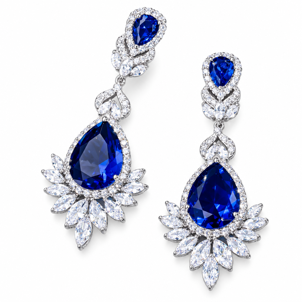 Brinco Noiva Zirconia Prata Festa Madrinha Azul Pendurado