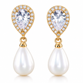 Brinco Noiva Zirconia E Pérola Dourado Delicado Luxo